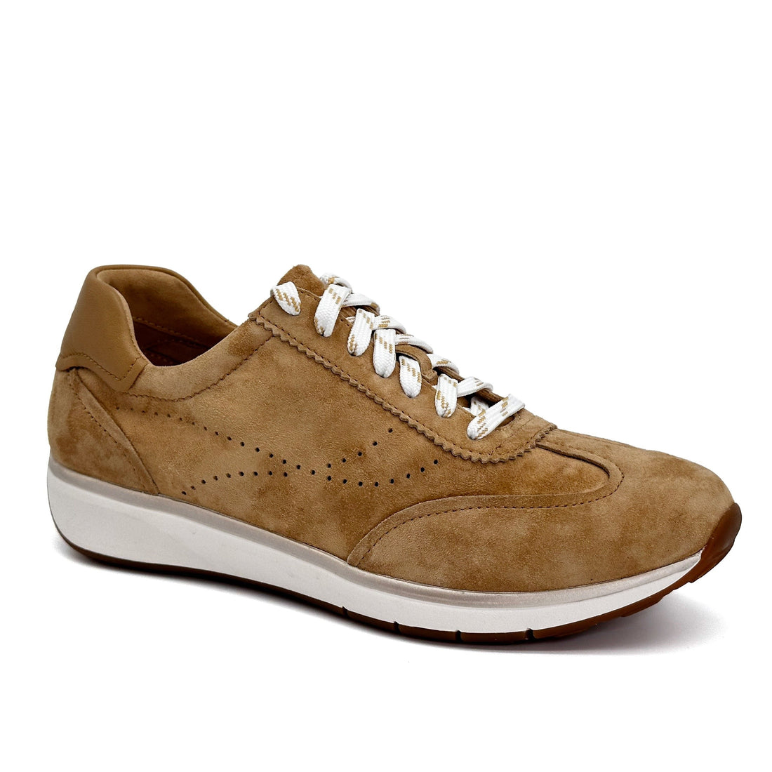 A tan suede sneaker with white laces and a white midsole, shown from a three-quarters angle on a white background.