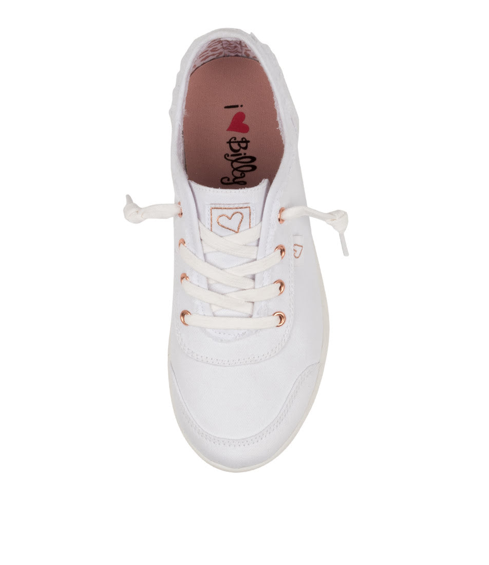 A single white canvas sneaker shown from the back, featuring a textured dark brown leather heel tab and white laces, set against a plain white background.